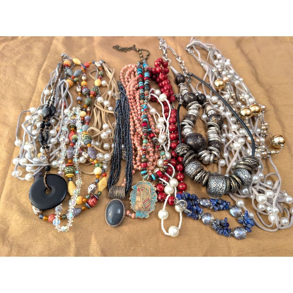 Large Curated Collection of 14 Bohemian-Style Beaded Necklaces